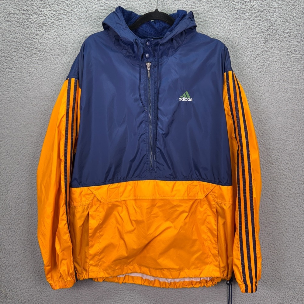VTG Adidas Anorak Mens L Navy Yellow Color‎ Block 90s Windbreaker Hooded 1/2 Zip